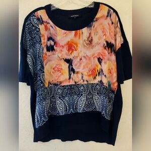 Nanette Lepore Playful Crop Knit Top Indigo Multi Womens Size Large Silk Front